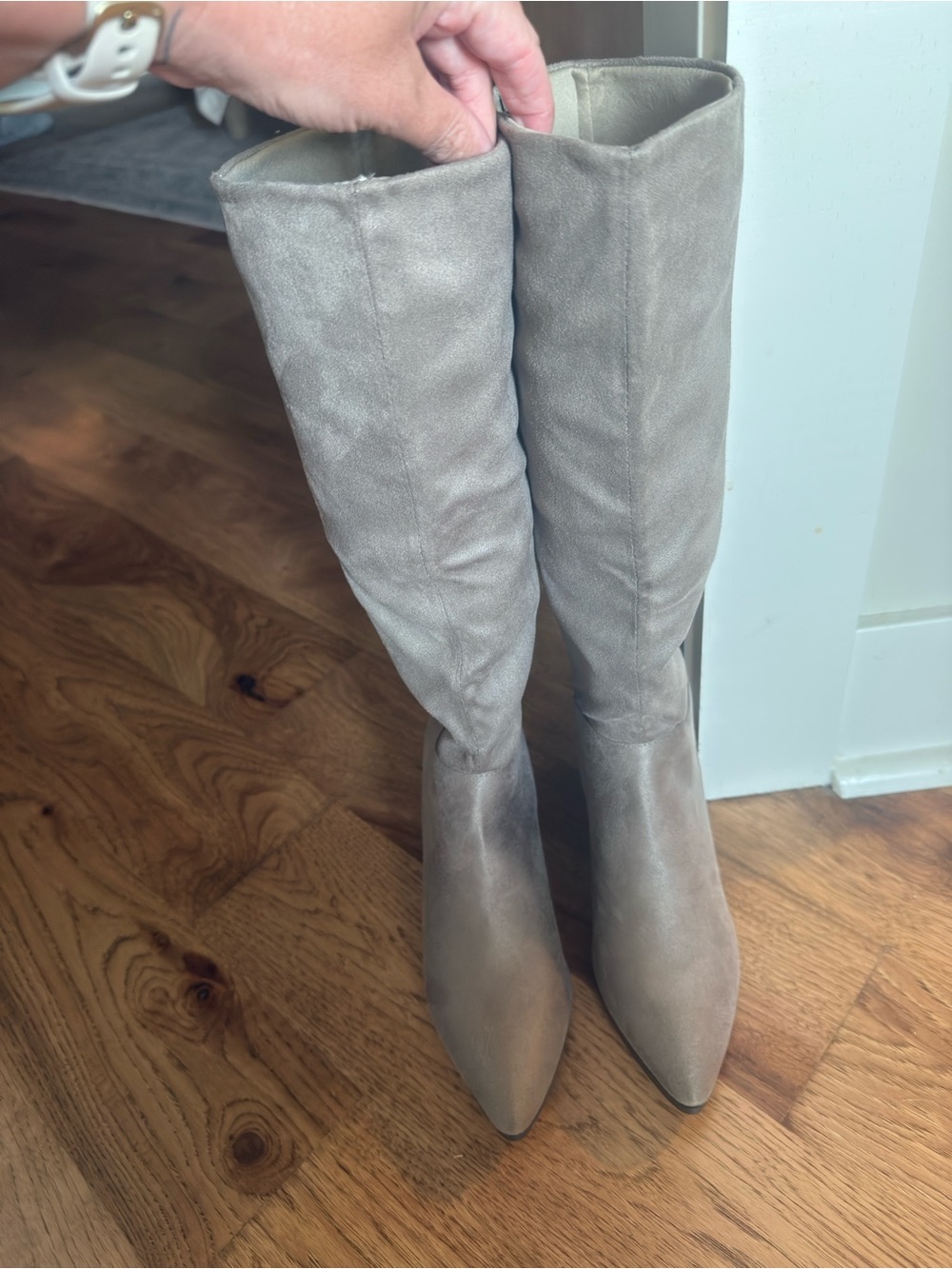 Qupid Taupe Pointed-Toe Knee-High Heeled Boots